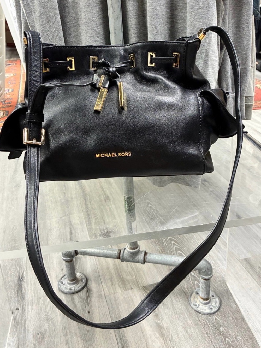 Michael Kors Black Leather Drawstring Shoulder Bag with Gold Accents